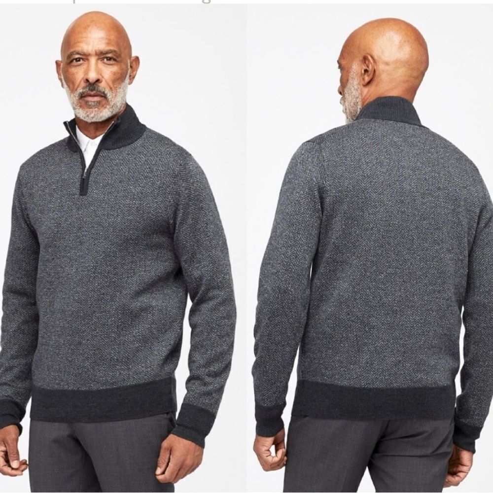 Bonobos 100% Merino Wool Half Zip Grey Herringbone Sweater M